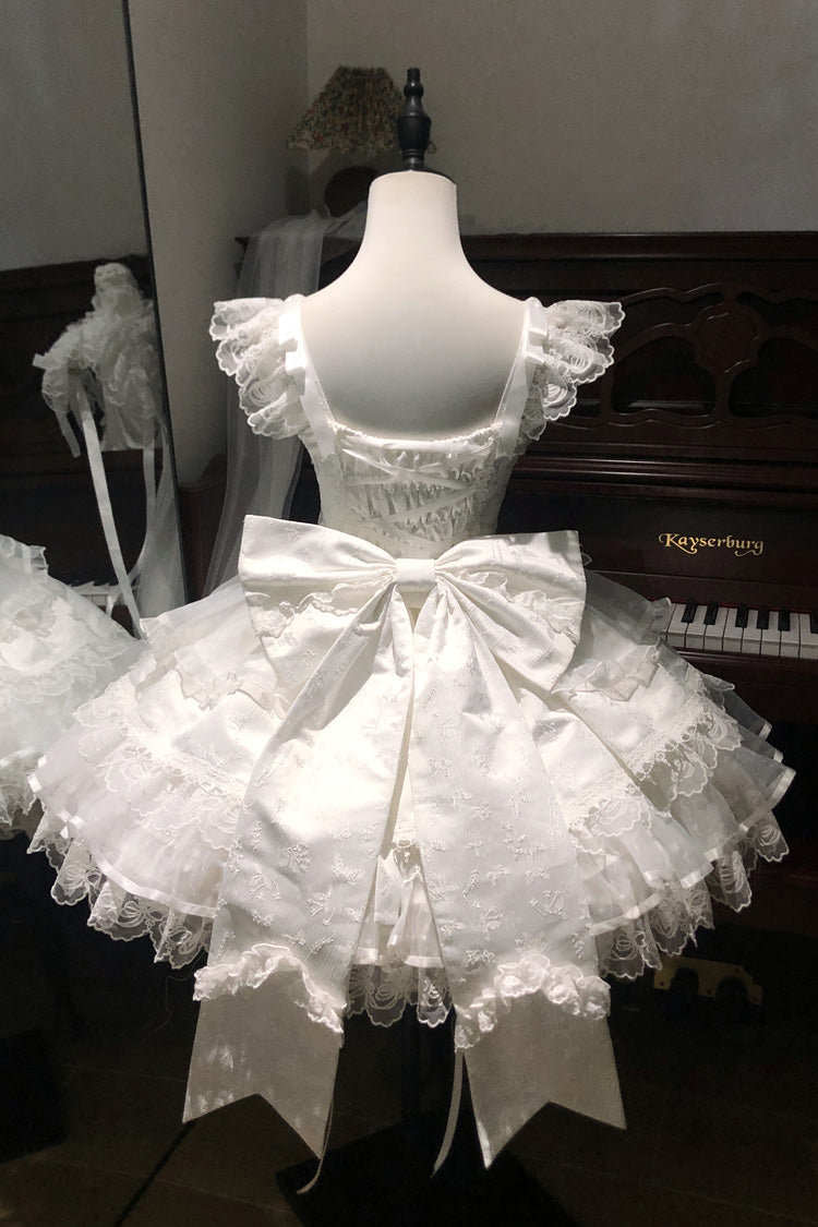 White Fleishi Island Sleeveless Ruffle Bowknot Lace Slim Sweet Ballet Lolita Jsk Dress