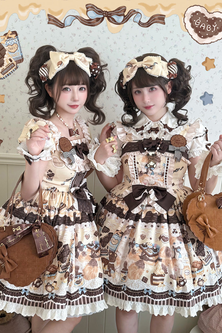 Chocolate Cake Party Square Collar Sleeveless Printed Ruffled Bow Daily Sweet Lolita Jsk Dress 2 Colors