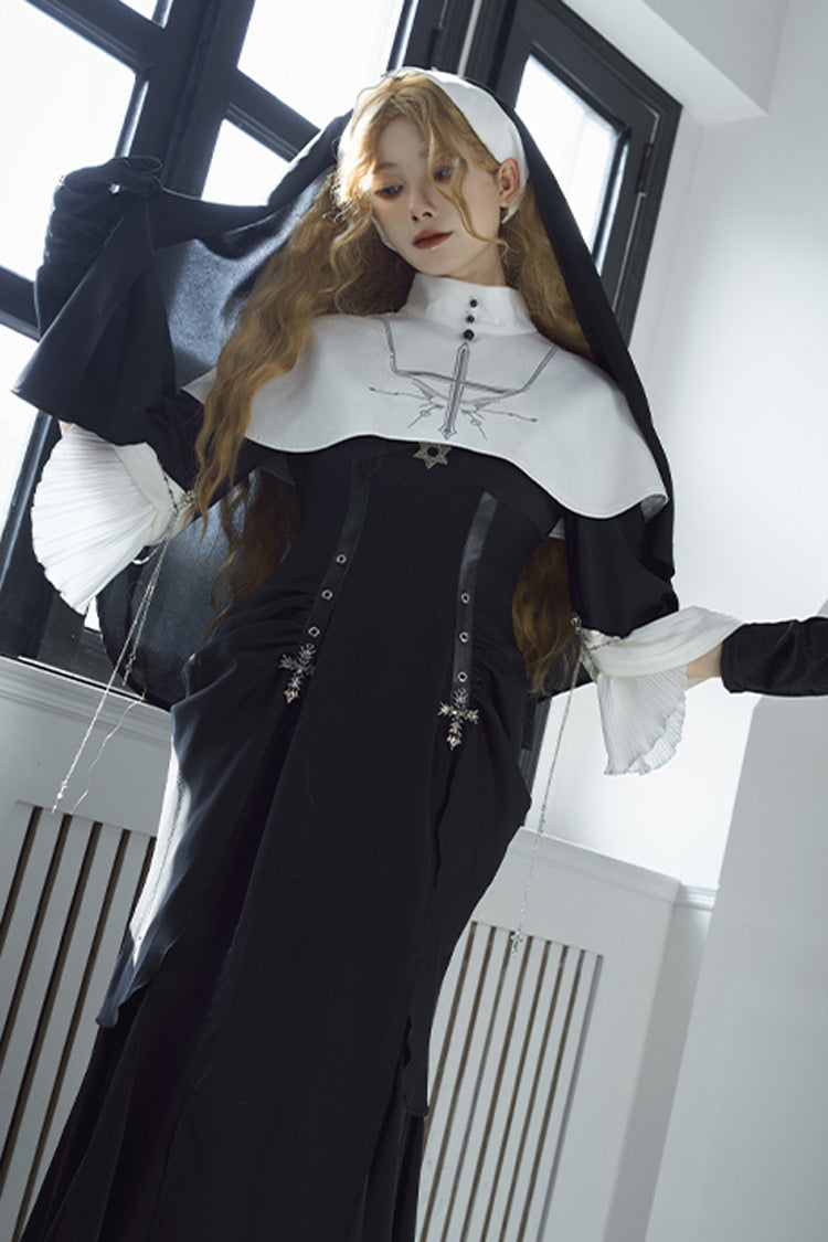 Black Halloween Night Temple Nun Short Sleeves Print Ruffle Gothic Elegant Lolita Dress
