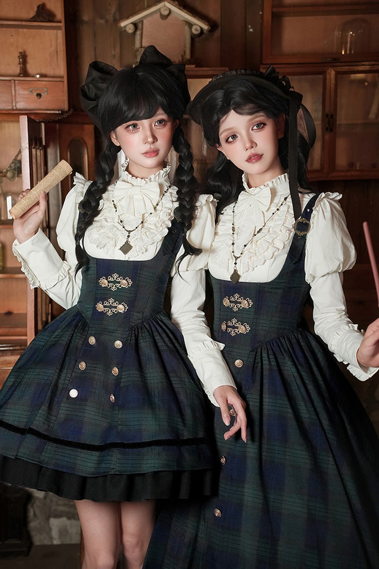Blue/Green Berlin's letter Double-Layered Plaid Print Ruffle Bowknot Classic College Style Lolita Strap Dress Set 2 Versions