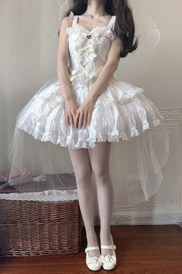 White Sweetheart Splolita Ruffle Bowknot Lace-Up Sweet Lolita Skirt Set