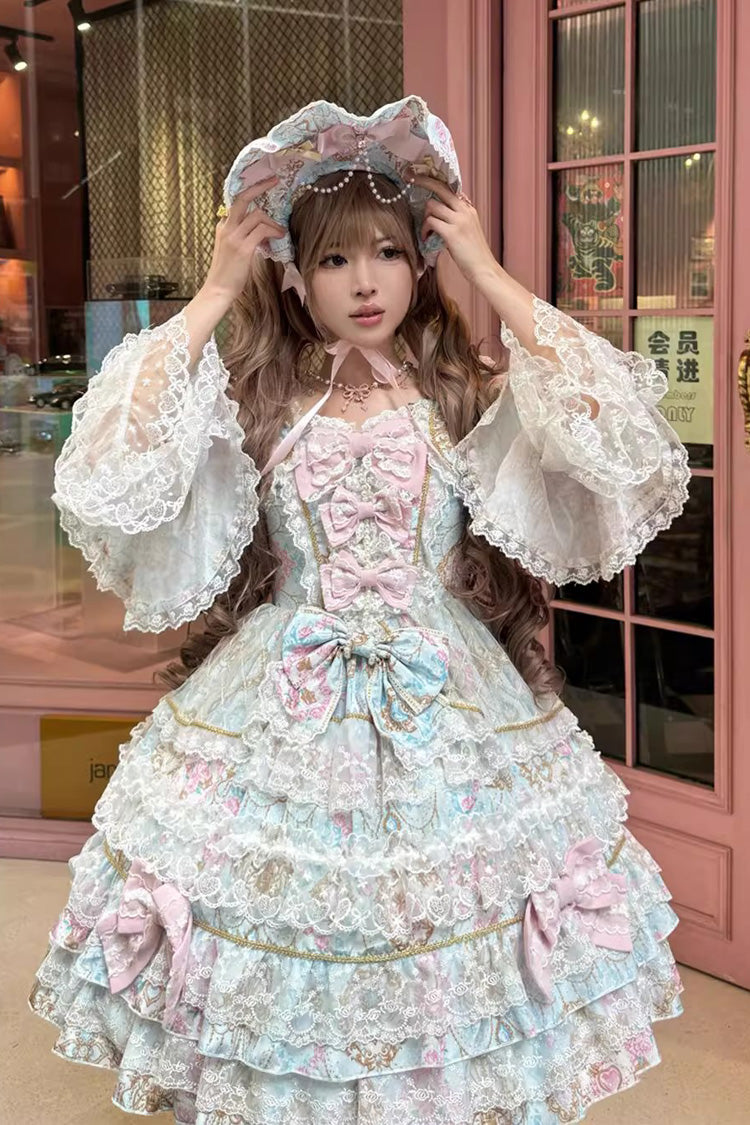 Blue Candlelight Elegance Long Trumpet Sleeves Multi-Layered Ruffle Bowknot Lace Sweet Elegant Lolita Dress
