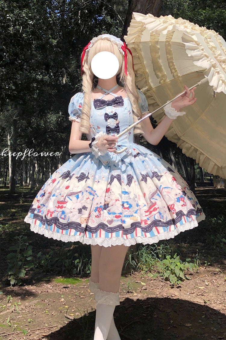 Blue Mystery Rabbit Tea Party Square Collar Short Sleeves Print Ruffle Bowknot Lace Sweet Lolita Dress