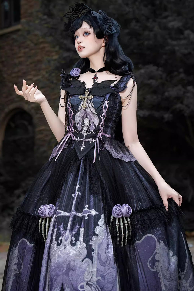 Black/Blue Skull Magic Print Ruffle Bowknot Gothic Elegant Lolita Skirt Two-Piece Set