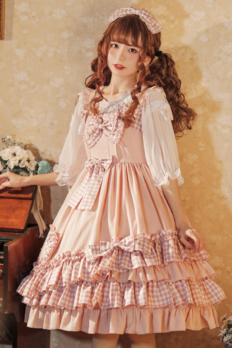 Pink Love Heart Shape Pockets Bowknot Ruffled Multi-Layer Sweet Lolita Jsk Dress