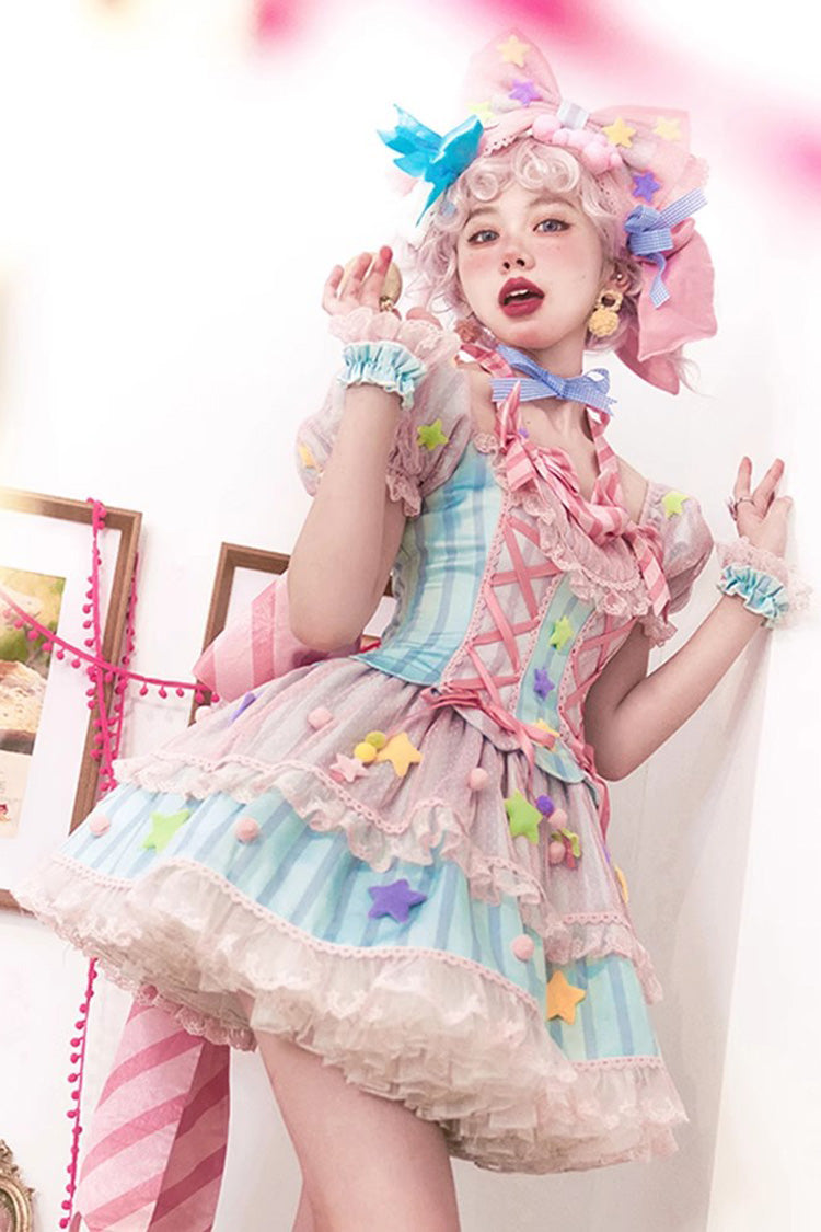 Pink Sugar Magic Print Ruffle Bowknot Lace Lace-Up Sweet Lolita Dress