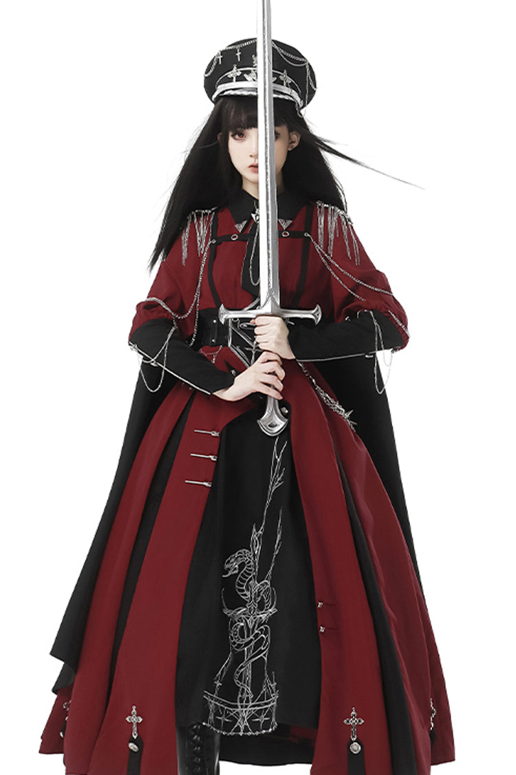 Red/Black Scarlet Night Knight Metal Chain Print Bowknot Gothic Military Elegant Lolita Dress