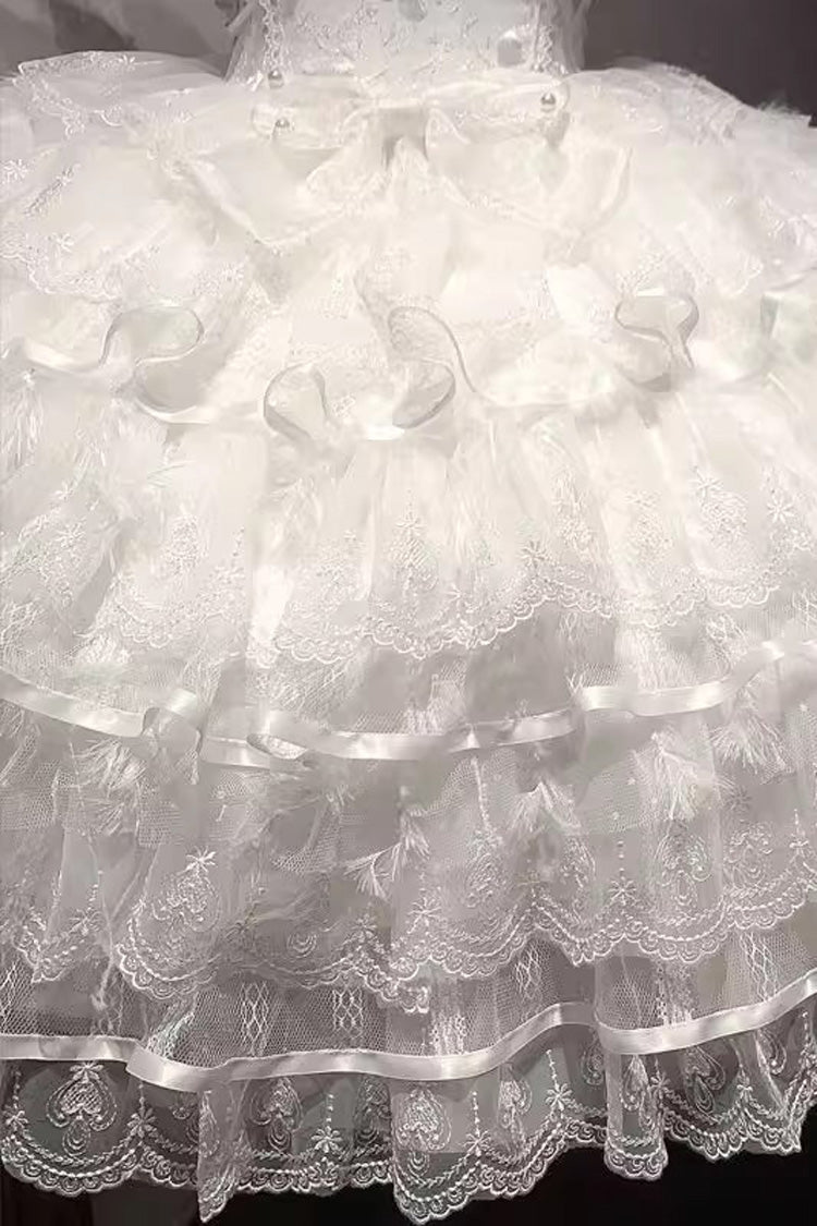 White Ballad of Feathers Sleeveless Multi-Layered Ruffle Hanayome Bowknot Sweet Lolita Jsk Dress