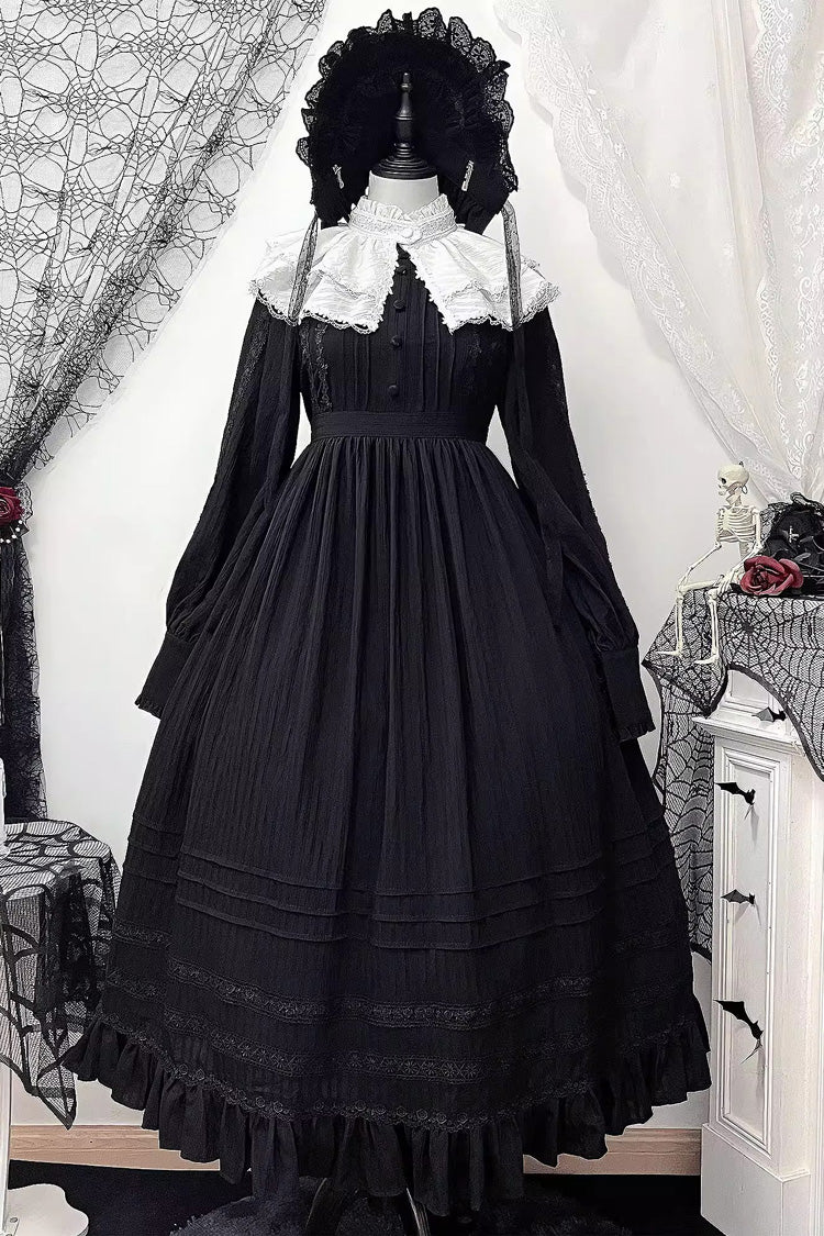 Black/White Quiet Place Long Sleeves Jacquard Ruffle Embroidery Bowknot Gothic Lolita Dress