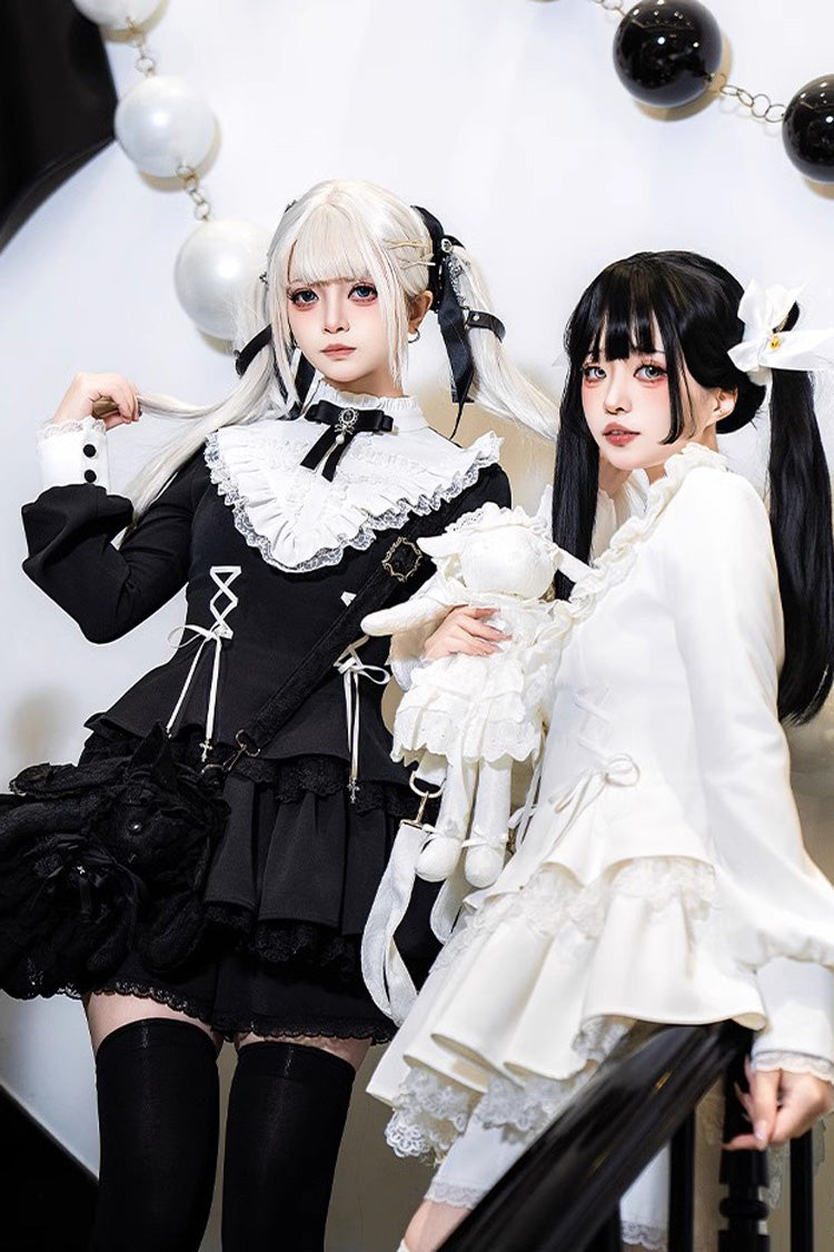 White Long Sleeves Ruffle Lace-Up Sweet Handsome Lolita Dress