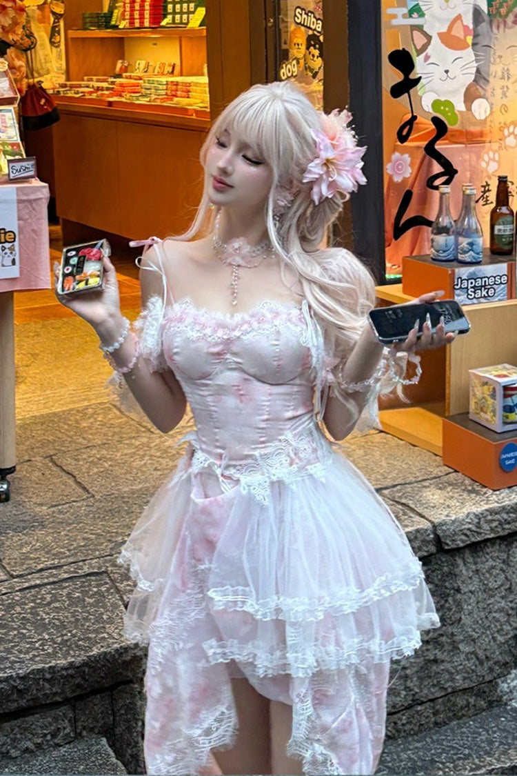 Pink Sakura Trio Sleeveless Double-Layered Ruffle Bowknot Lace Sweet Princess Lolita Jsk Dress