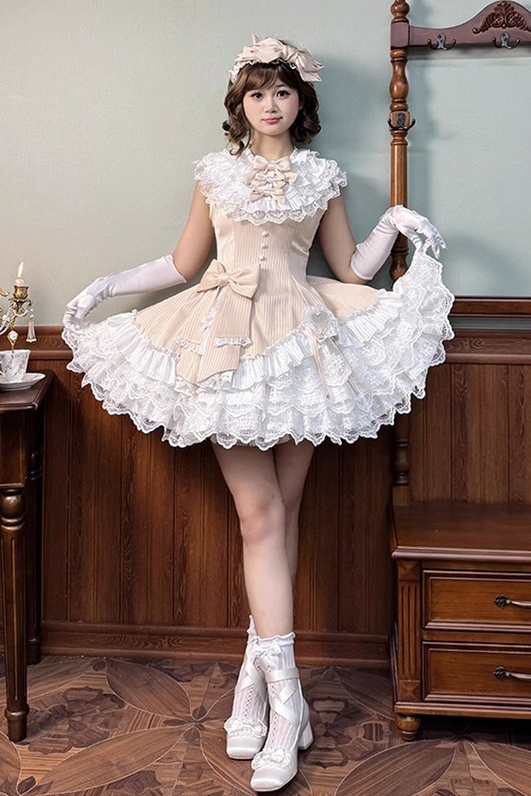 Champagne Miss Tsundere Sleeveless Multi-Layered Ruffle Bowknot Lace Asymmetric Sweet Princess Lolita Dress