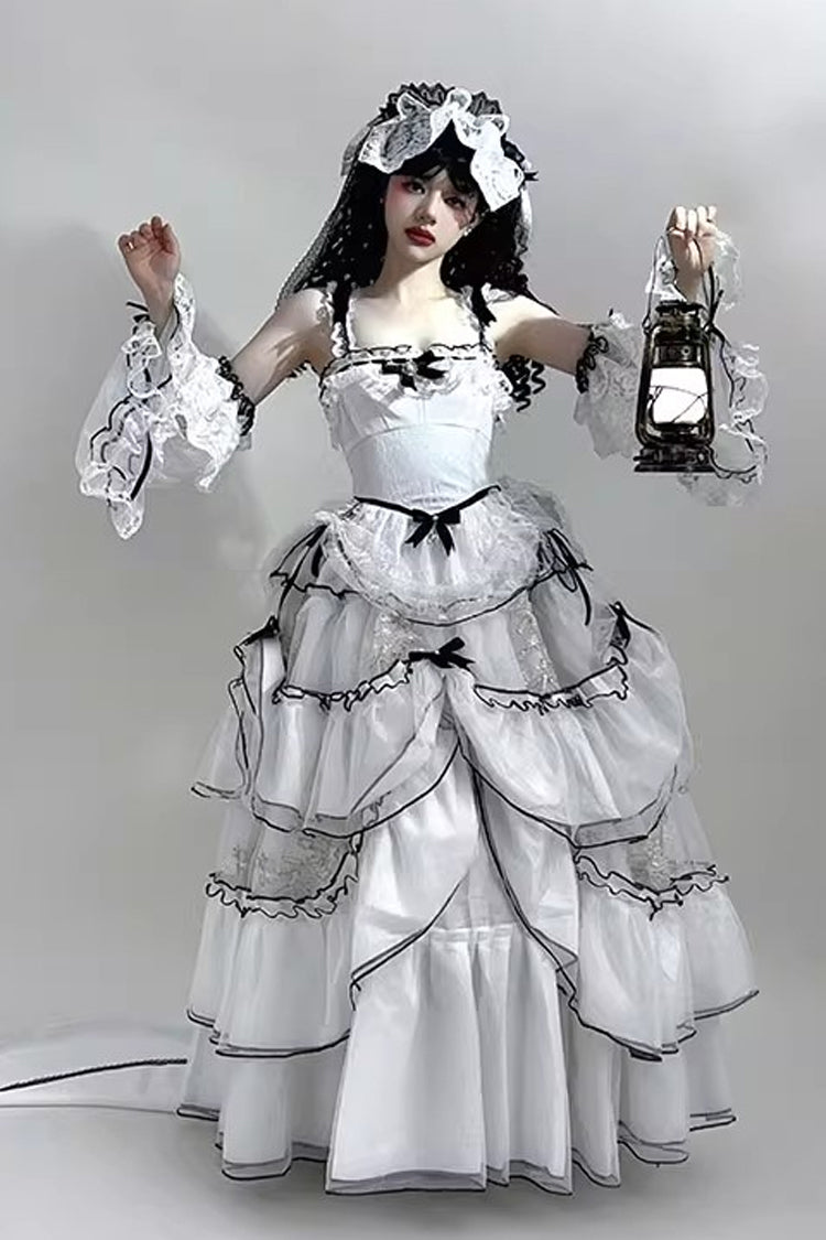 White Cascade Poem Sleeveless Multi-Layered Ruffle Hanayome Bowknot Lace Gothic Plus Size Gorgeous Lolita Jsk Long Dress