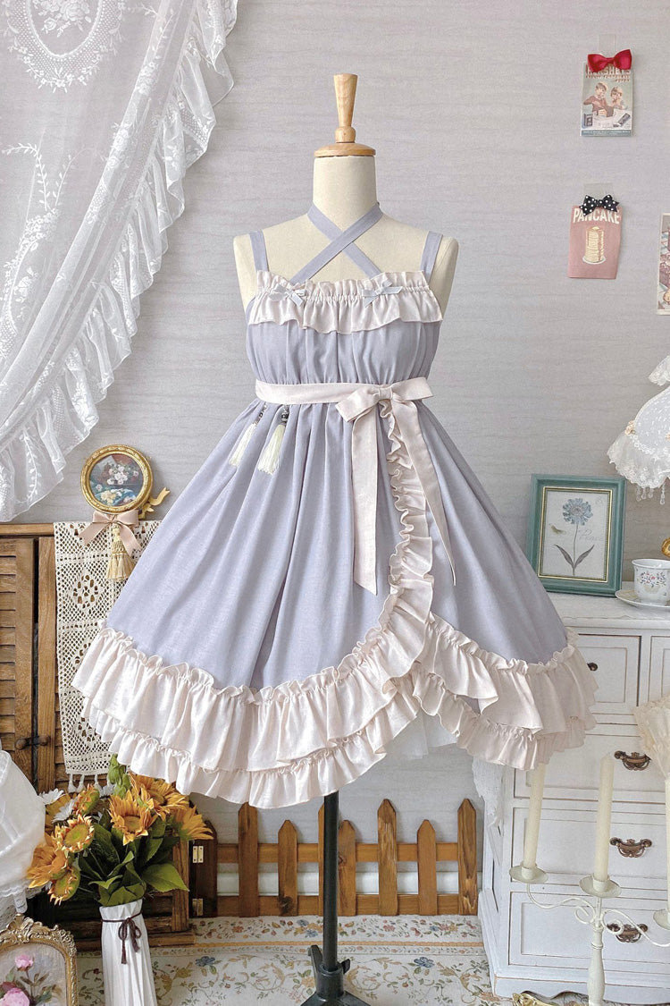 Grey Monet Estate Sleeveless High Waisted Ruffle Bowknot Asymmetric Sweet Lolita Jsk Dress