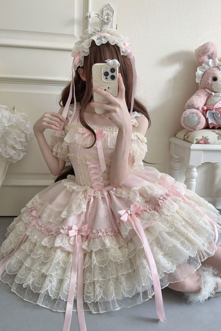 Pink Ribbon Heart Love Sleeveless Multi-Layered Ruffle Bowknot Lace Lace-Up Sweet Princess Ballet Lolita Jsk Dress