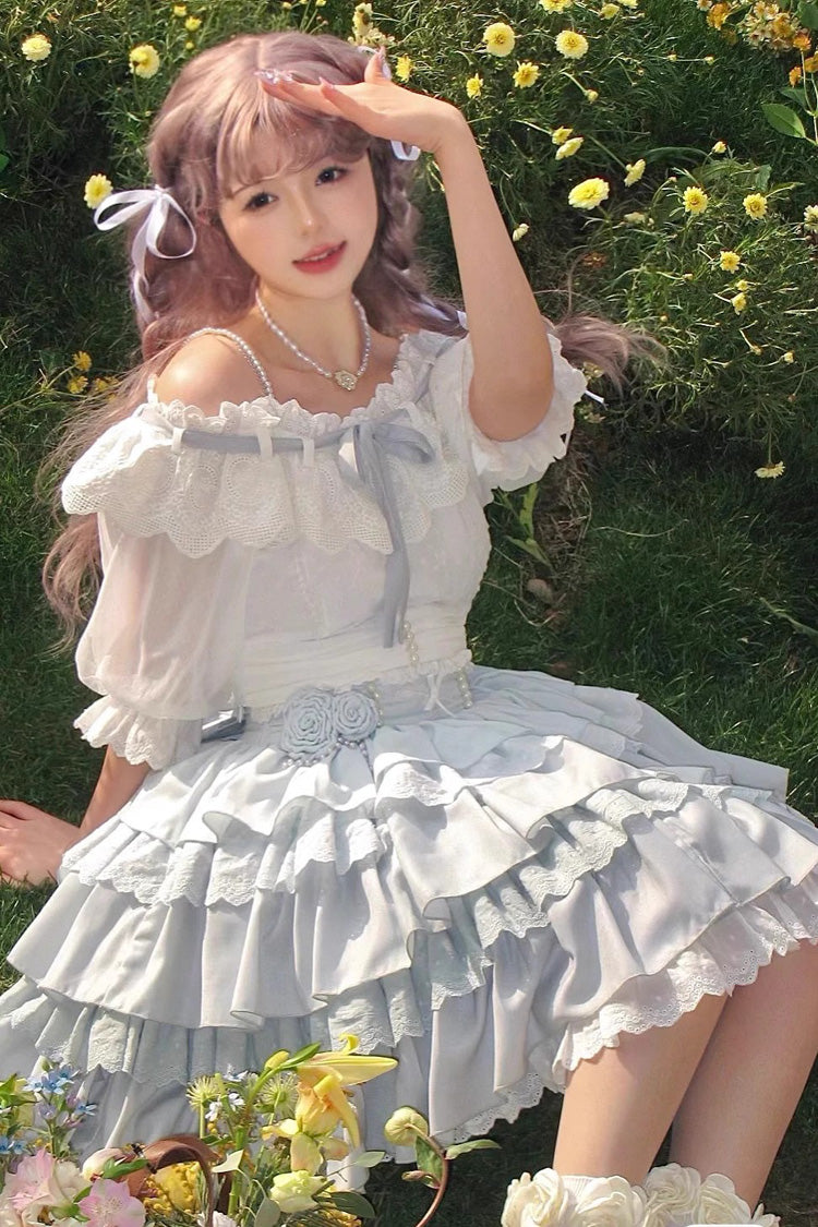 White/Blue Flower Language Multi-layer Ruffle Sweet Lolita Skirt Set