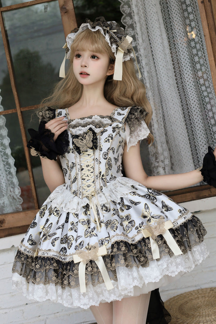 Cream Golden Spirit • Dream Butterfly Sleeveless Print Ruffle Bowknot Lace-Up Sweet Princess Lolita Jsk Dress Set