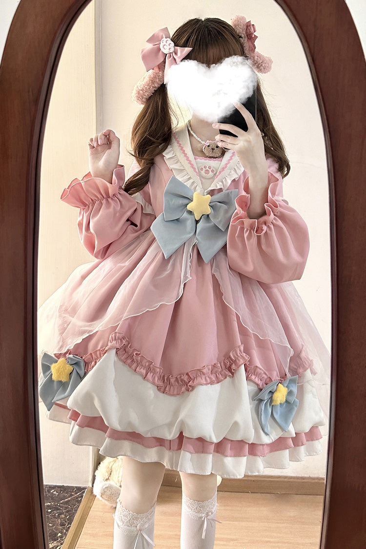 Pray Star Long Sleeves Double-Layered Ruffle Bowknot Stitching Lace Sweet Lolita Dress 5 Colors