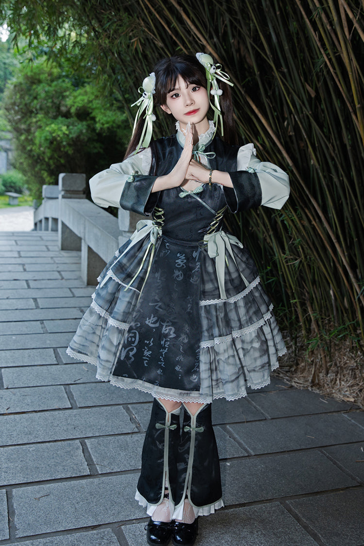 Cheongsam Ink Print Multi-layer Bowknot Sweet Chinese Style Princess Lolita Jsk Dress 2 Colors
