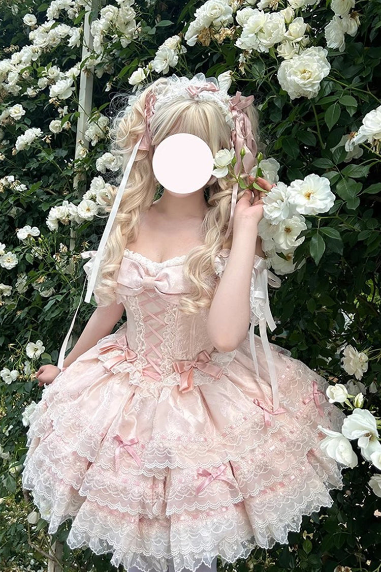 Pink Flora Isle Butterfly Sleeveless Ruffle Bowknot Lace Lace-Up Sweet Elegant Lolita Jsk Dress