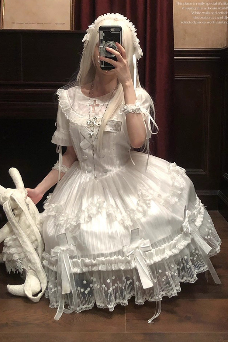 White Short Sleeves Ruffle Bowknot Lace Gothic Elegant Lolita Dress
