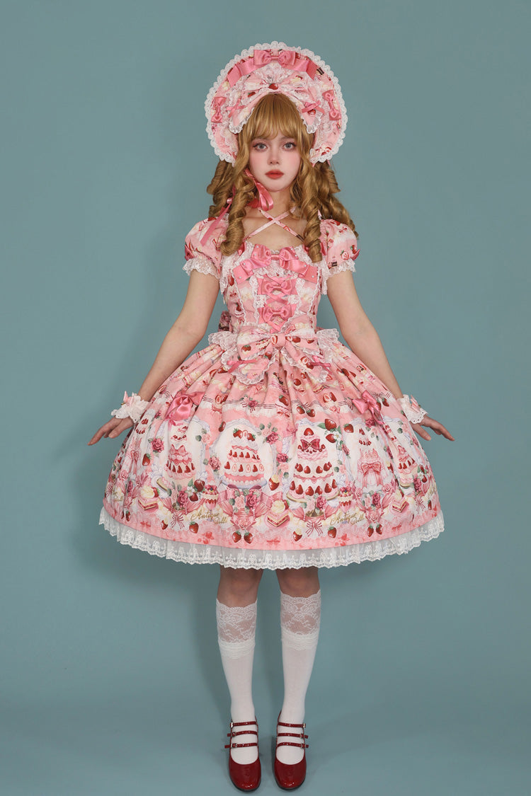 Strawberry Cake Bouquet Print Square Collar Short Sleeves Bowknot Lace Sweet Lolita Dress 3 Colors
