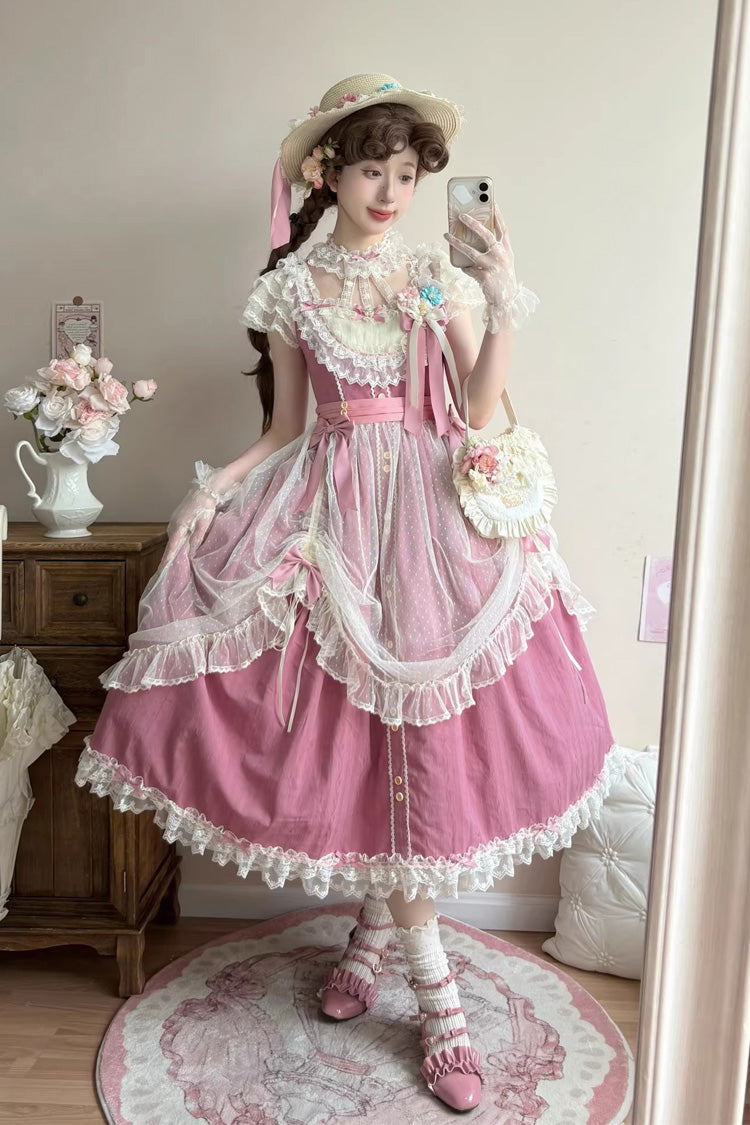 Rose Red Sakura's Spring Resonance Sleeveless Ruffled Bow Sweet Lolita Jsk Dress (Long Version)
