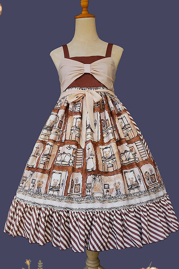 Brown Underground Bear Print Ruffle Bowknot Sweet Lolita Dress