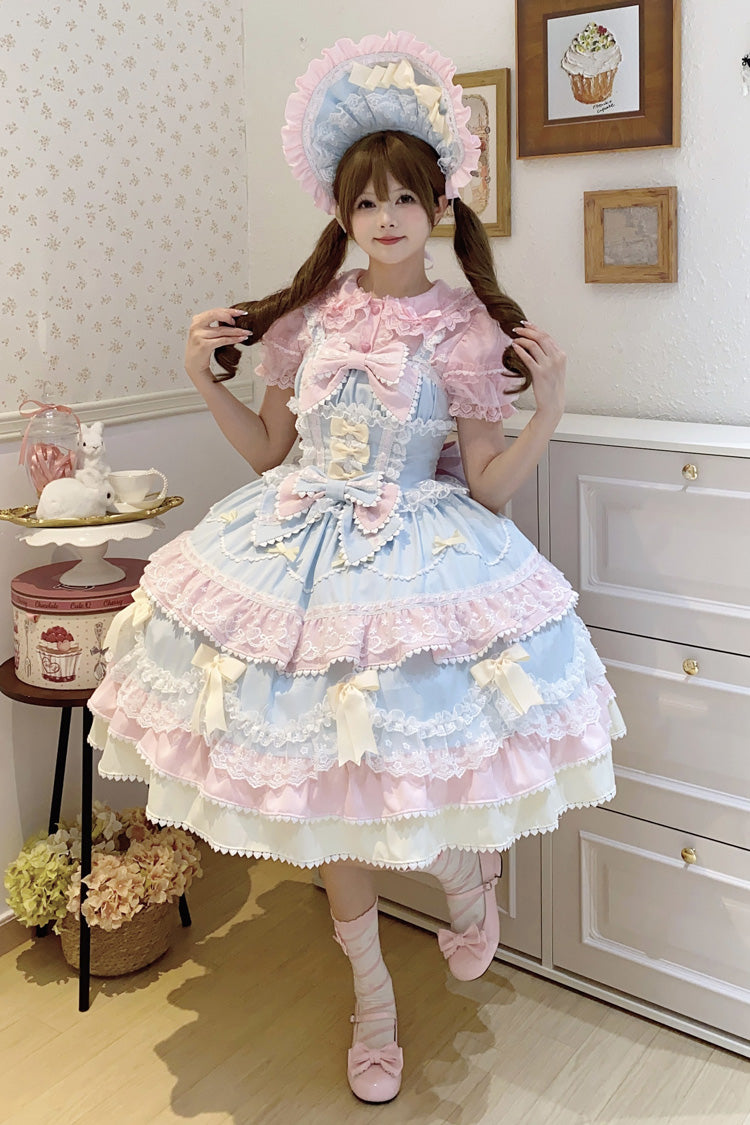Blue/Pink Fondant Cake Sleeveless Multi-Layered Ruffle Bowknot Lace Sweet Lolita Jsk Dress