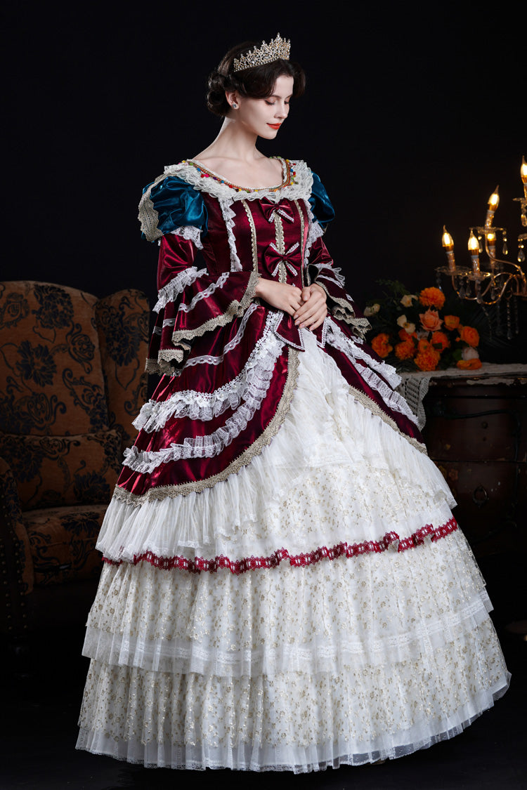 Wine/Ivory Round Collar Long Hime Sleeves Triple-Layered Ruffled Open-Front Bow Lace Classic Vintage Palace Lolita Victorian Dress