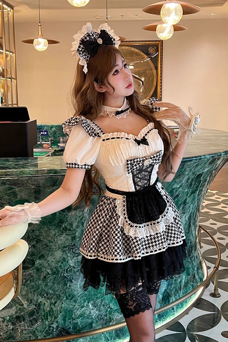 Black/White Lovely Houndstooth Square Collar Short Sleeves Print Ruffle Bowknot Lace Maid Sweet Lolita Dress