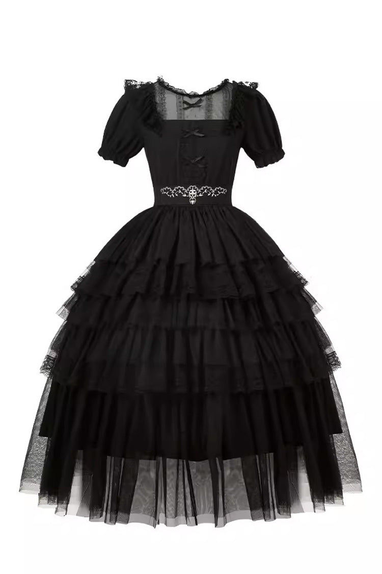 Black Twin Ivory Towers Short Sleeves Five-Layered Ruffle Gothic Lolita Dress
