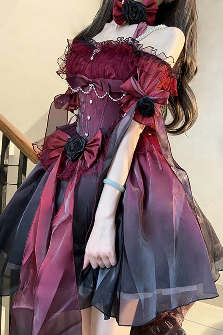 Wine Red Midsummer Dream Short Sleeves Ruffle Hanayome Off-The-Shoulder Gothic Short Lolita Dress