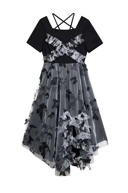 French Square Collar Short Sleeves Irregular Hem Long Gothic Lolita Dress