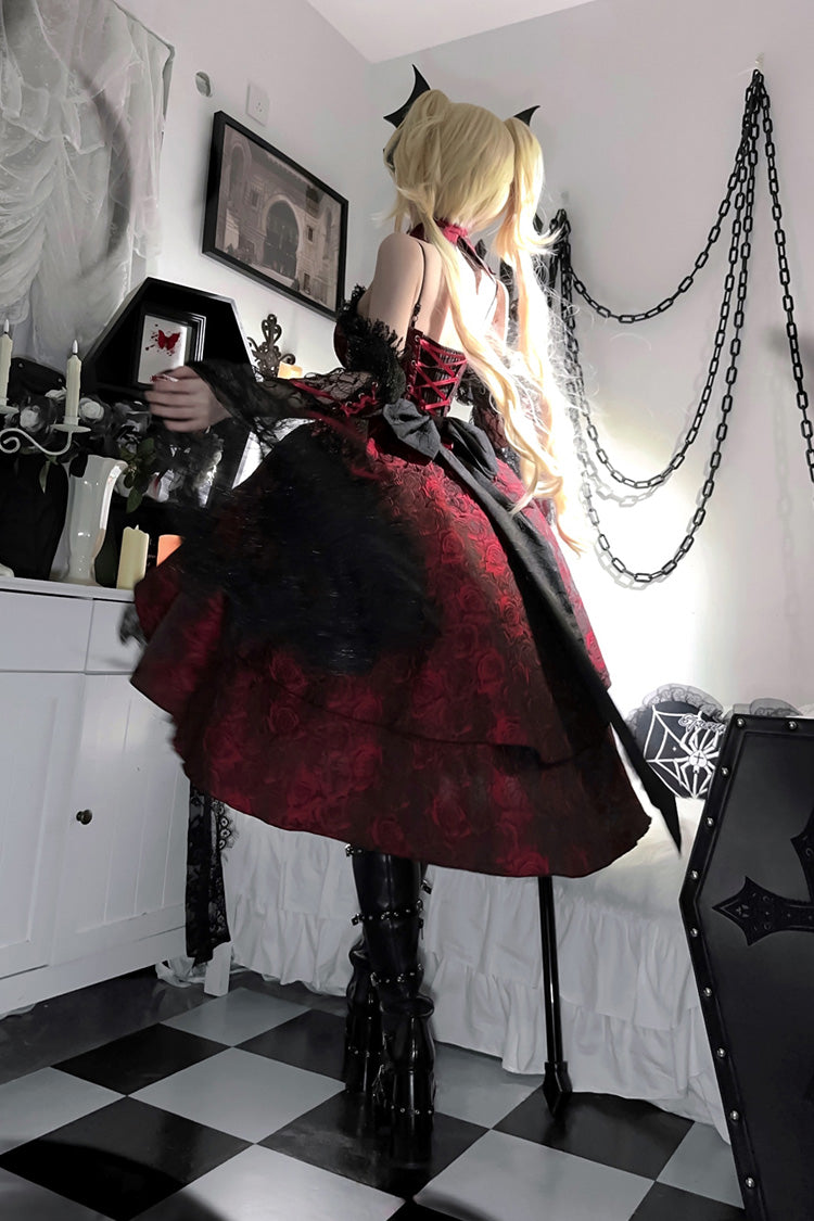 Black/Red Weeping Rose Jacquard Print Ruffle Cardigan Bowknot Lace-Up Gothic Lolita Dress