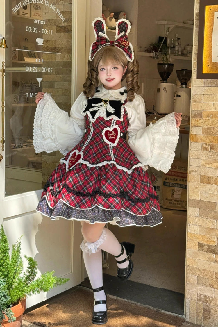 Red Shibuya Sweetheart Sleeveless Plaid Print Ruffle Bowknot Sweet Lolita Jsk Dress (Plus Size Support)