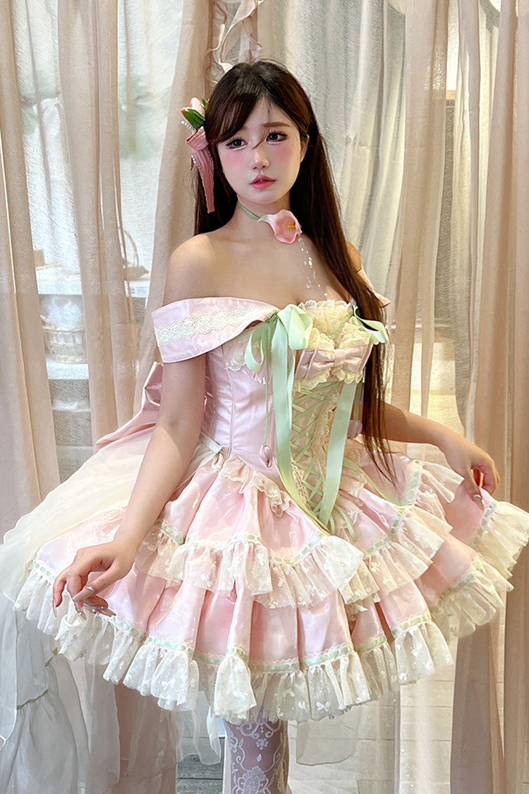 Pink Tulip Love Song Boat Neck Double-Layered Ruffle Bowknot Lace Lace-Up Romantic Sweet Princess Lolita Dress