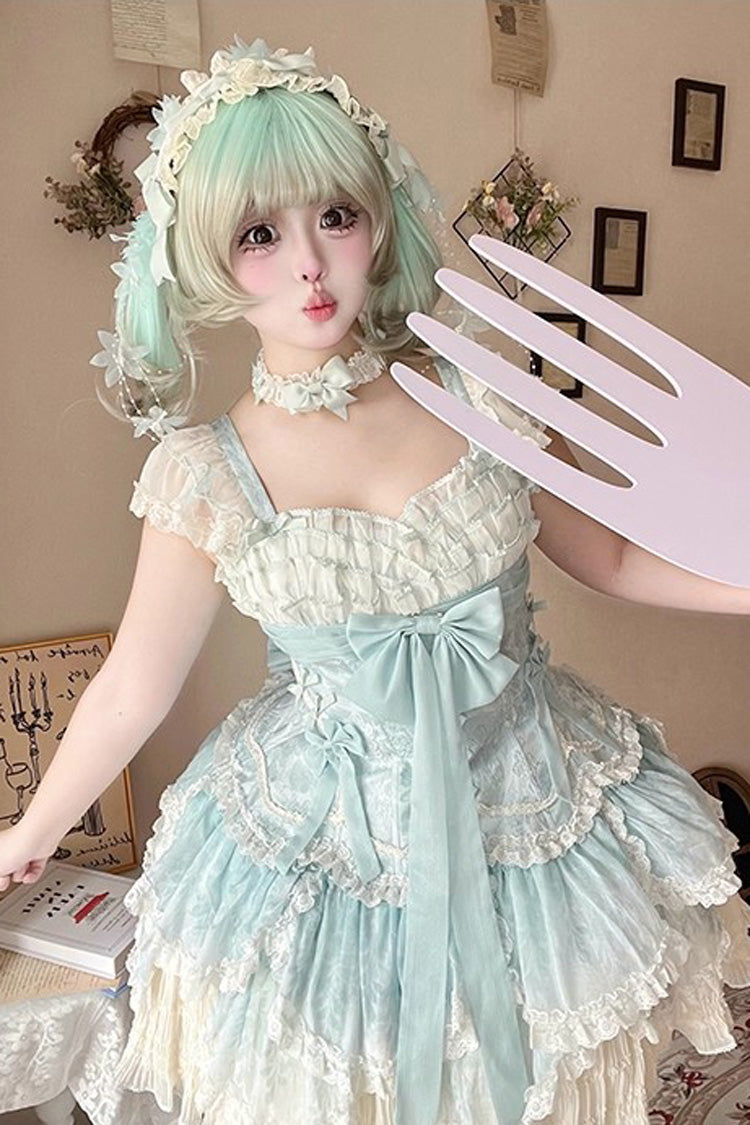 Green Floral Dream Short Sleeves Multi-Layered Ruffle Embroidery Bowknot Lace-Up Sweet Elegant Ballet Lolita Jsk Dress