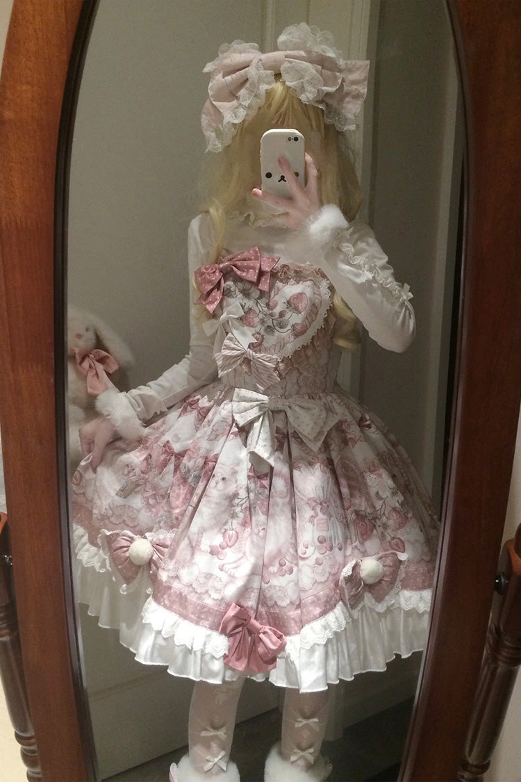 Pink Sweet Dessert Cat Print Ruffle Bowknot Lace Sweet Princess Lolita Dress Set