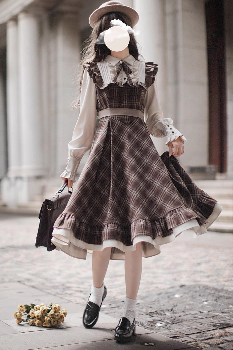 Brown The Thames at Dusk Print Long Sleeves Ruffle Fake Two Pieces Vintage College Style Lolita Dress