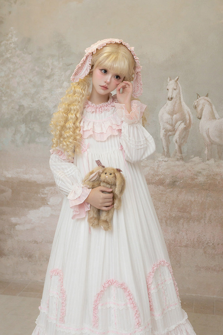 Pink Twin Lilian Round Collar Long Sleeves Double-Layered Ruffled Bow Lace-Up Sweet Lolita Dress