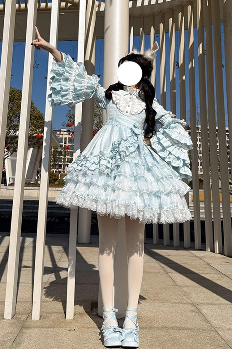 Blue The Soloist Doll Long Hime Sleeves Multi-Layered Print Ruffle Bowknot Asymmetric Sweet Lolita Dress