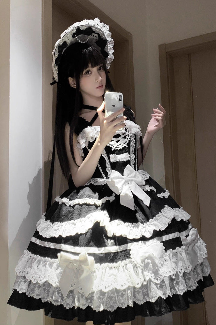 Black/White Super Cute Belia Sleeveless Triple-Layered Ruffle Bowknot Lace Gothic Elegant Lolita Jsk Dress