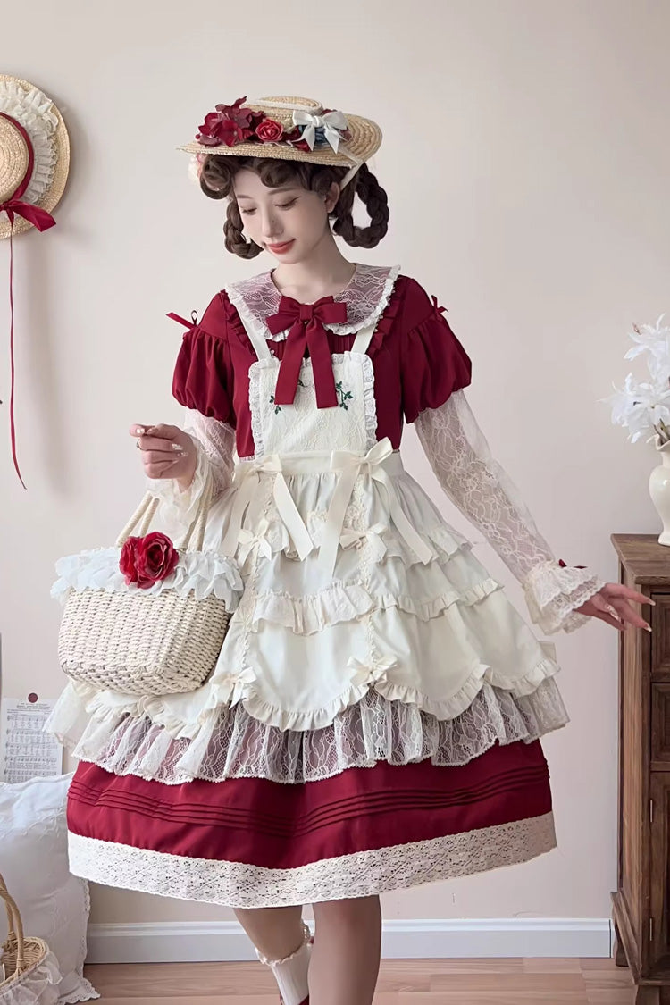 Red Mist over Flowers Along the Path Lapel Collar Long Sleeves Embroidery Bowknot Lace Sweet Lolita Dress