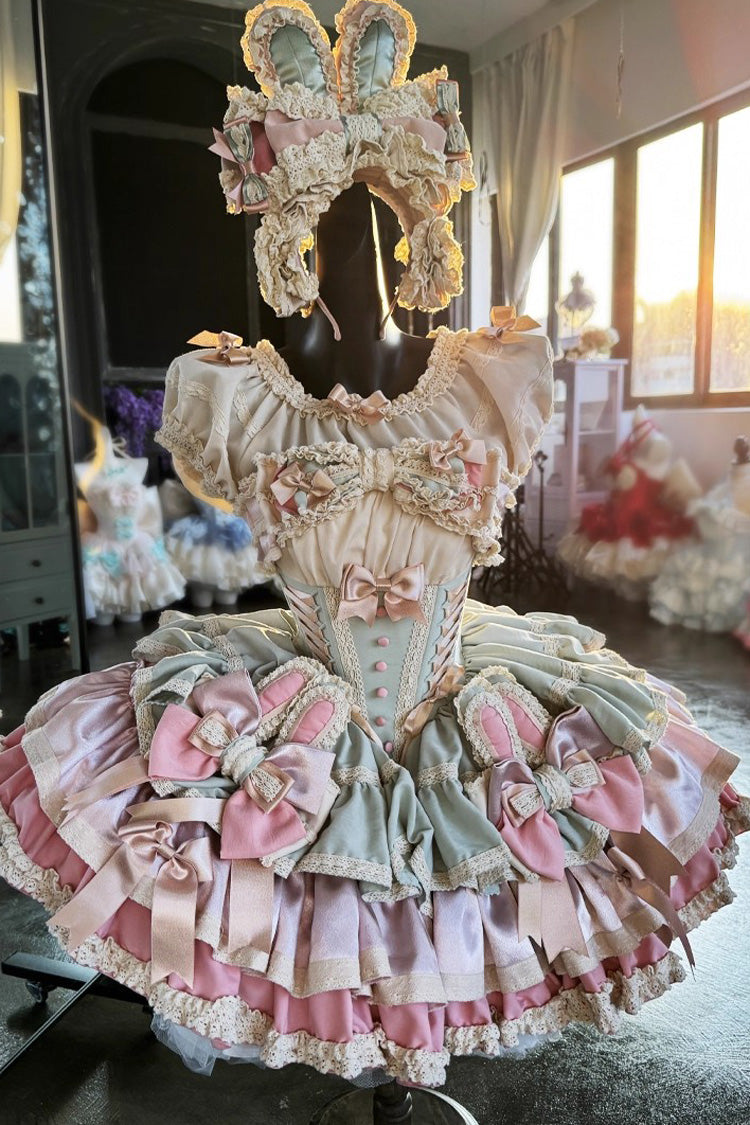 Ribbon Dance Multi-Layered Ruffle Bowknot Lace-Up Sweet Princess Lolita Dress 3 Colors