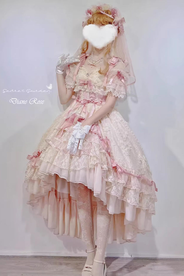 Pink Diane Rose Short Sleeves Multi-Layered Jacquard Ruffle Hanayome Cardigan Bowknot Lace Sweet Lolita Dress
