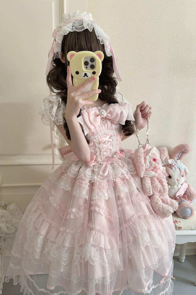 Pink Eternal Vow Sleeveless Multi-Layered Ruffle Hanayome Bowknot Lace Lace-Up Sweet Lolita Jsk Dress