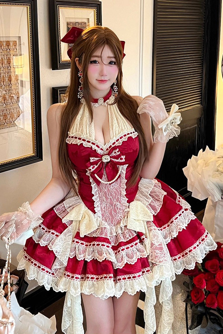 Red Beloved Young Lady Halterneck Sleeveless Double-Layered Ruffle Bowknot Lace Elegant Sweet Lolita Dress