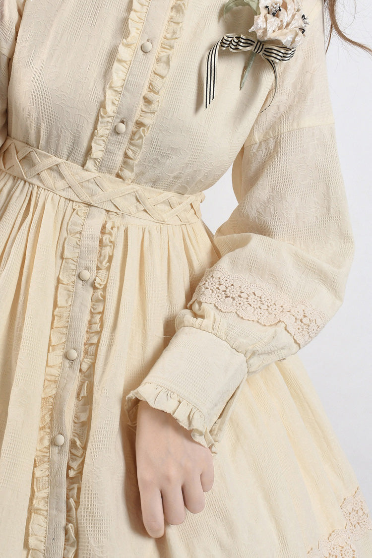 Spring Dawn Long Sleeves Jacquard Ruffle Bowknot Sweet Vintage Lolita Dress 3 Colors