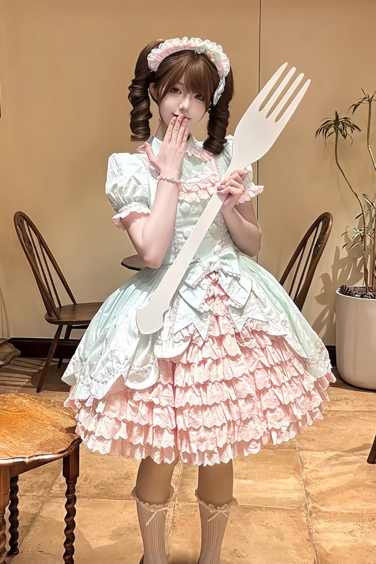 Pink/Green Honeydew Melon Parfait Short Sleeves Multi-Layered Ruffle Bowknot Sweet Lolita Dress